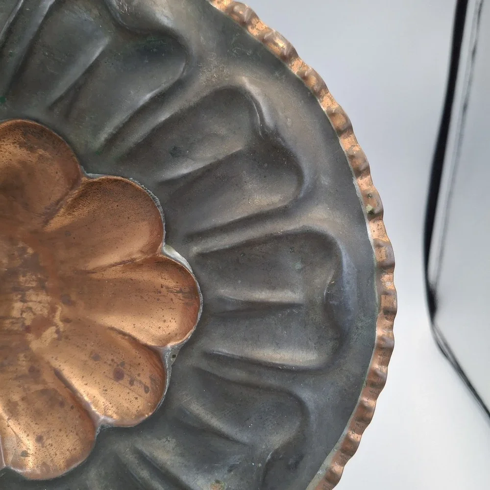 Vintage Italian Copper Footed Tray Scalloped Fluted Oval Serving Platter Italy